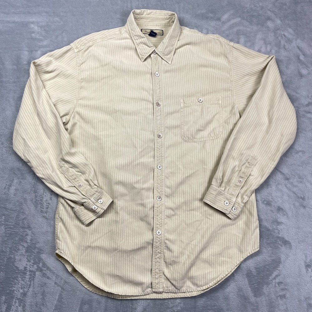 Tommy Bahama Silk‎ Shirt Mens Large Beige Self Striped Long Sleeve Button Up